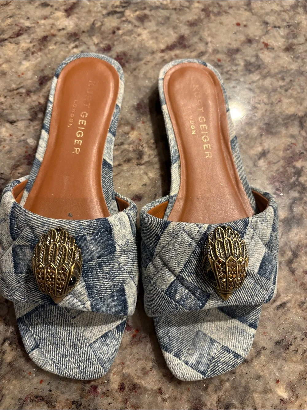Kurt Geiger Quilted Denim Slide Mules with Gold Emblem